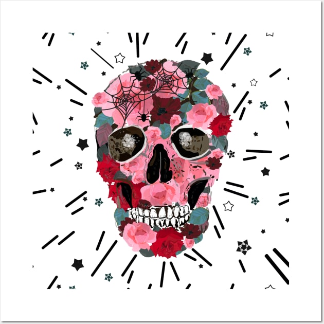 Skull, spider and roses artistic design Wall Art by GULSENGUNEL